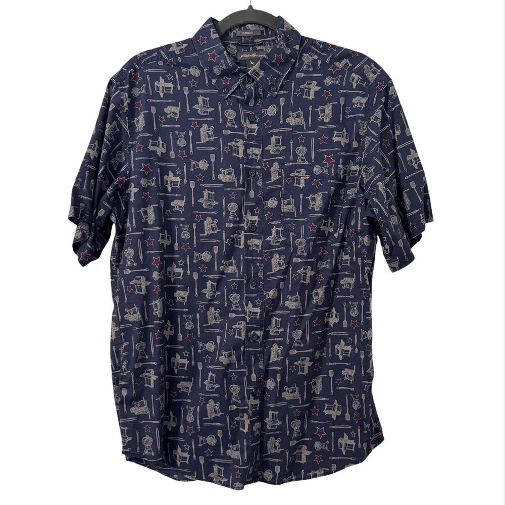 Eddie Bauer Cookout BBQ Grill‎ Camp Shirt Medium Blue 4th Of July Novelty